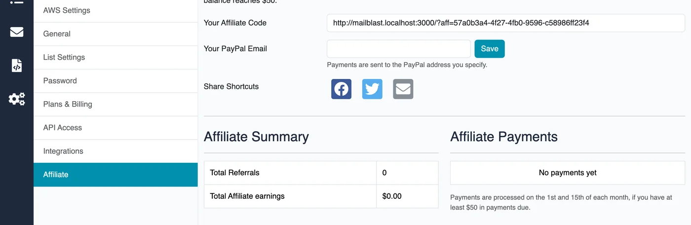 Affiliate dashboard with referral link, PayPal payout setup, and earnings summary