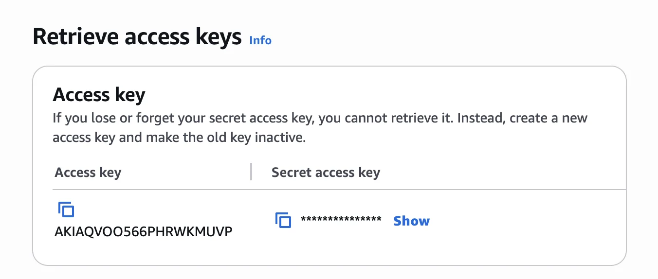 Retrieve access keys screen showing the Access key and Secret access key