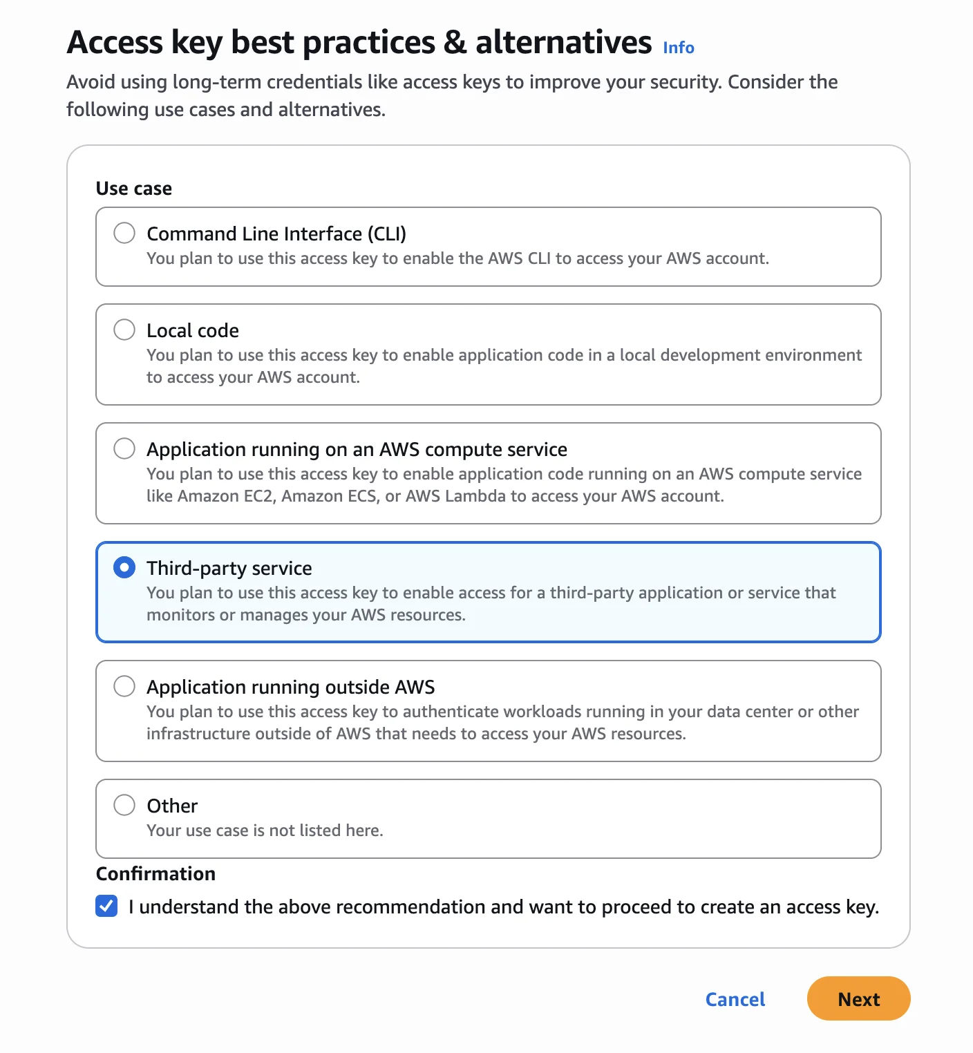 Selecting Third-party service as the access key use case