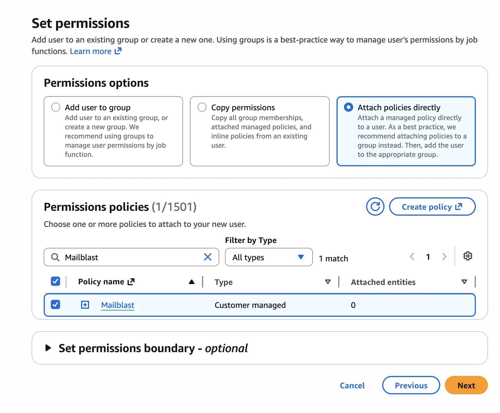 Attaching the Mailblast policy to the new user
