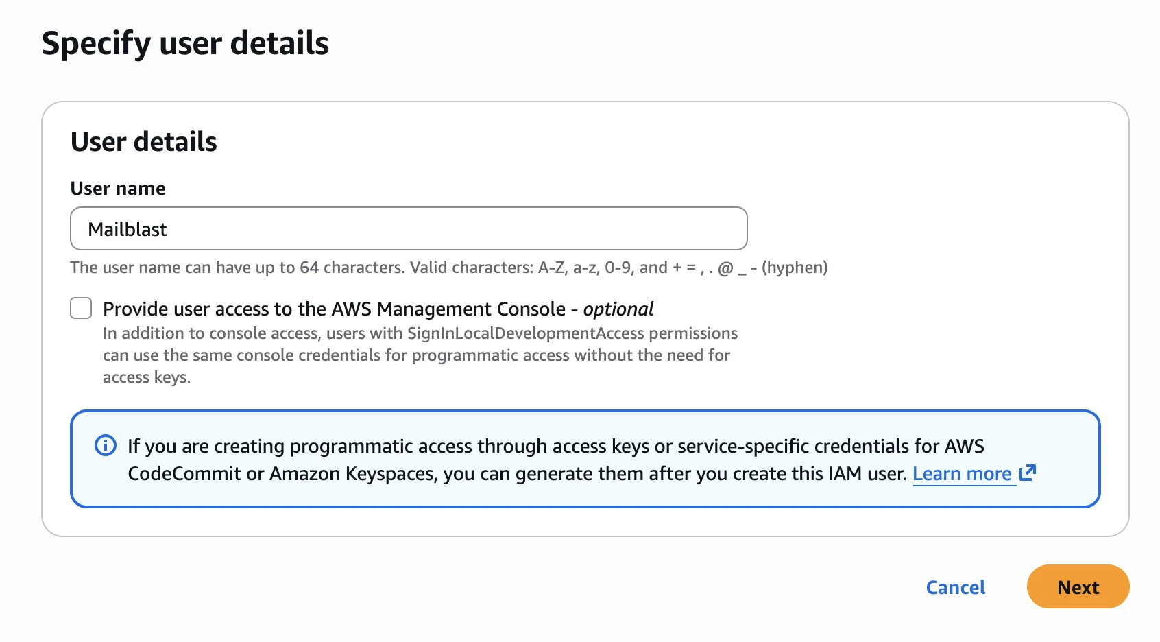 Creating the Mailblast IAM user