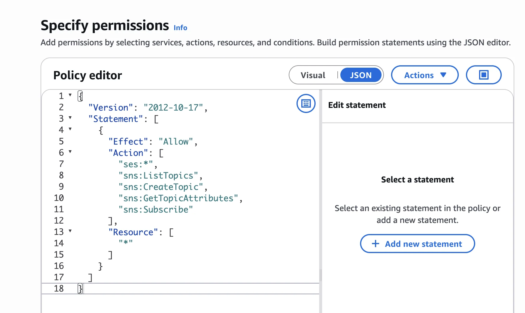 IAM policy editor showing the Mailblast JSON policy pasted in