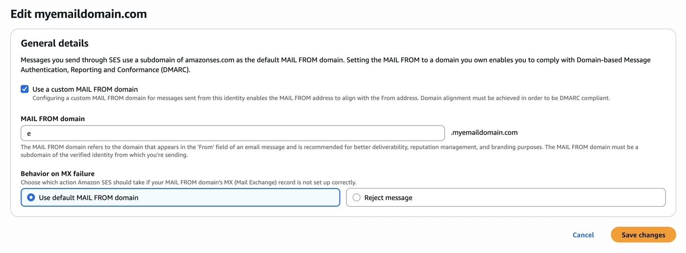 Editing Custom MAIL FROM domain with subdomain "e" entered