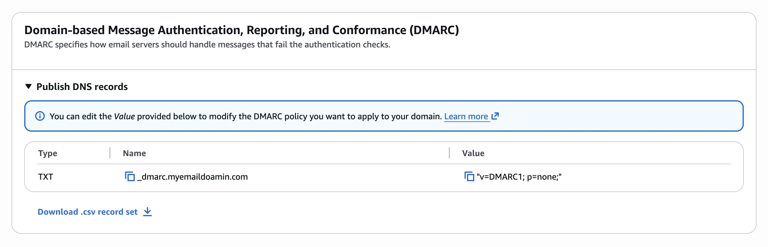 DMARC TXT record to publish