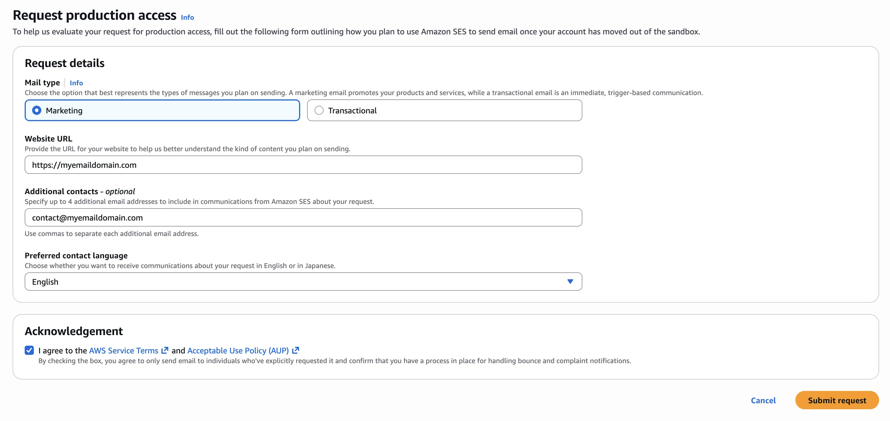 SES Request production access form with Mail type, Website URL, Additional contacts, Preferred contact language, and Acknowledgement