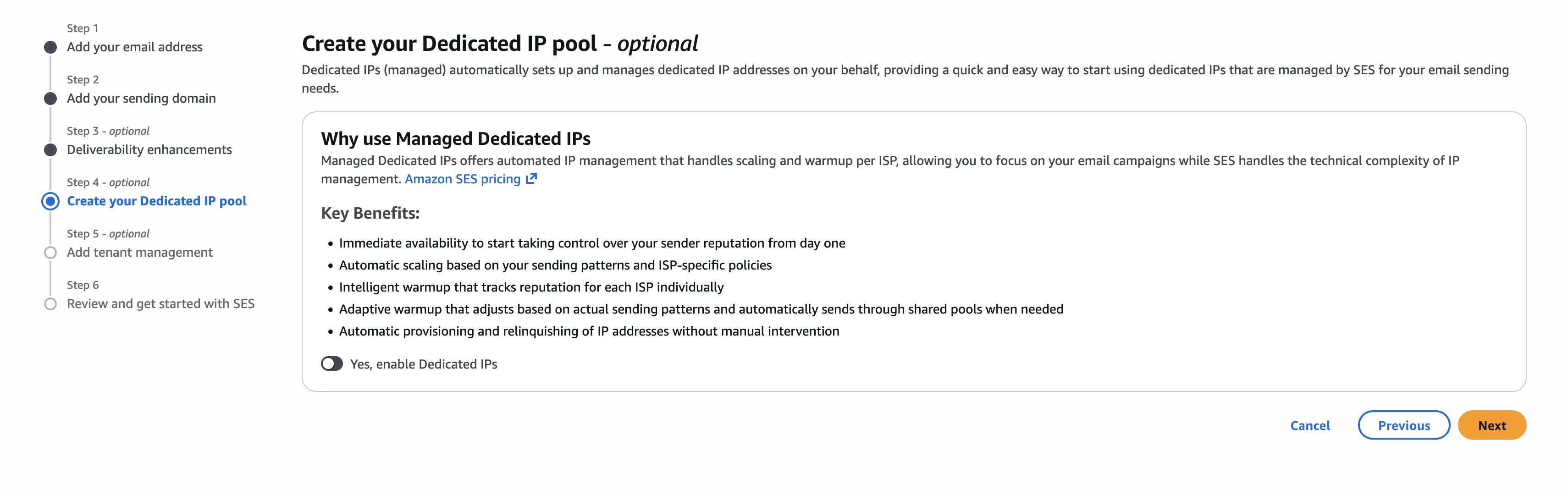 SES onboarding wizard: Virtual Deliverability Manager and Auto Validation settings