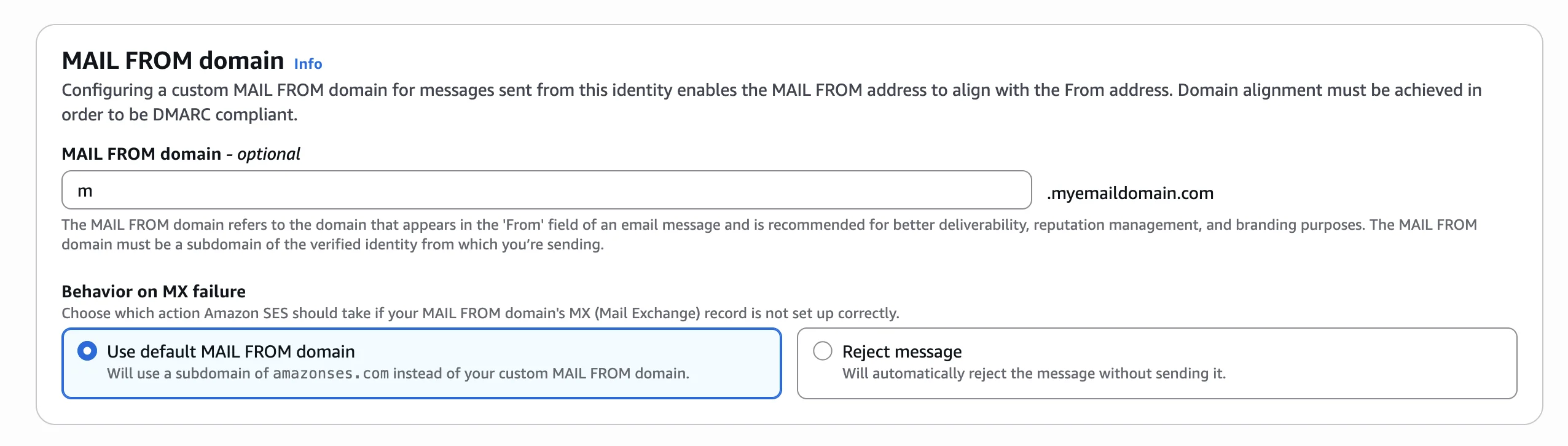 SES onboarding wizard: sending email and domain with Custom MAIL FROM