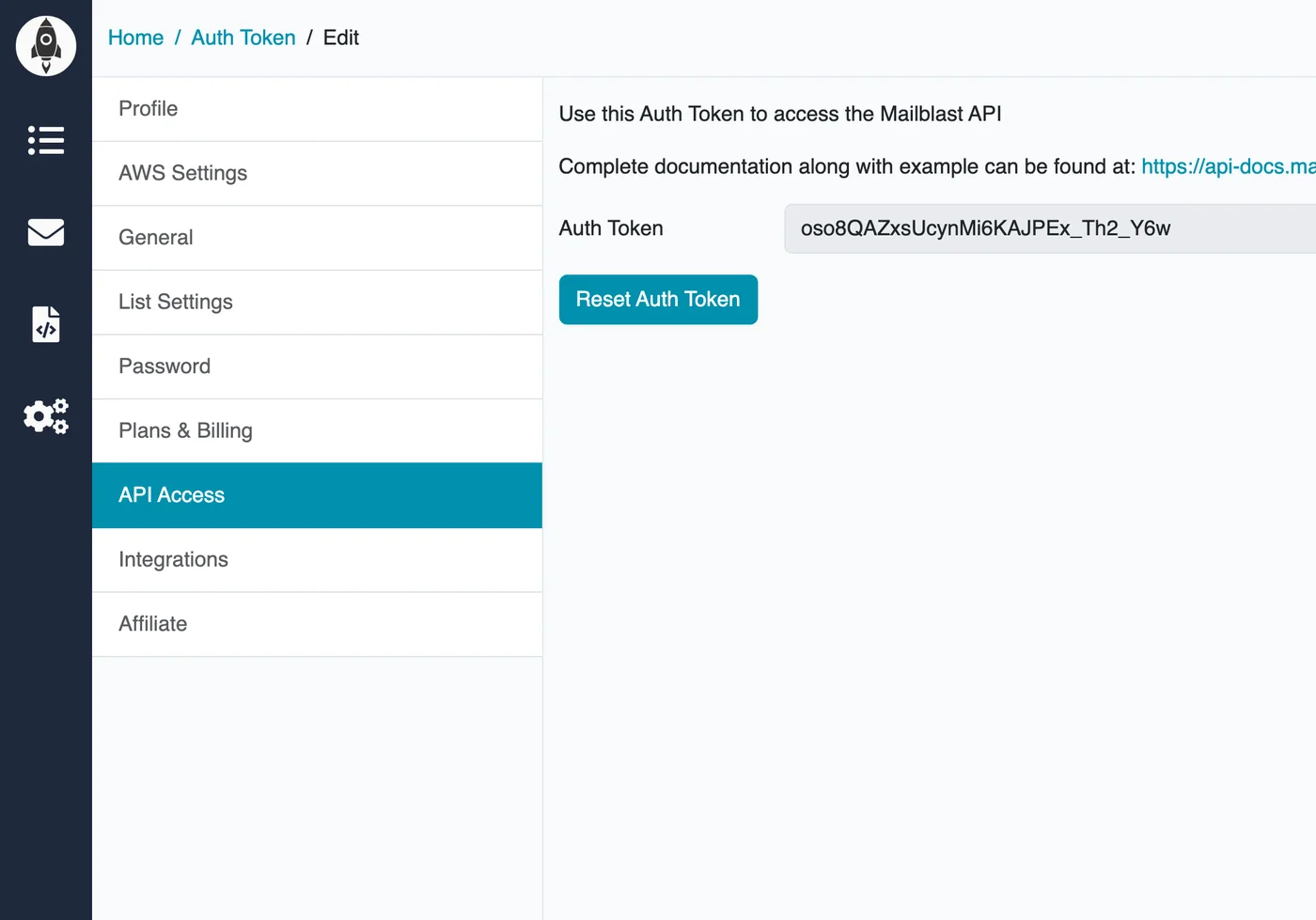 API Access page showing the auth token and reset button