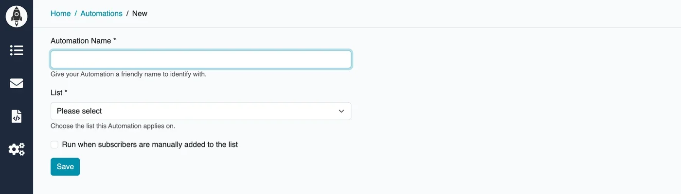 New Automation form with name, list, and manual-add toggle