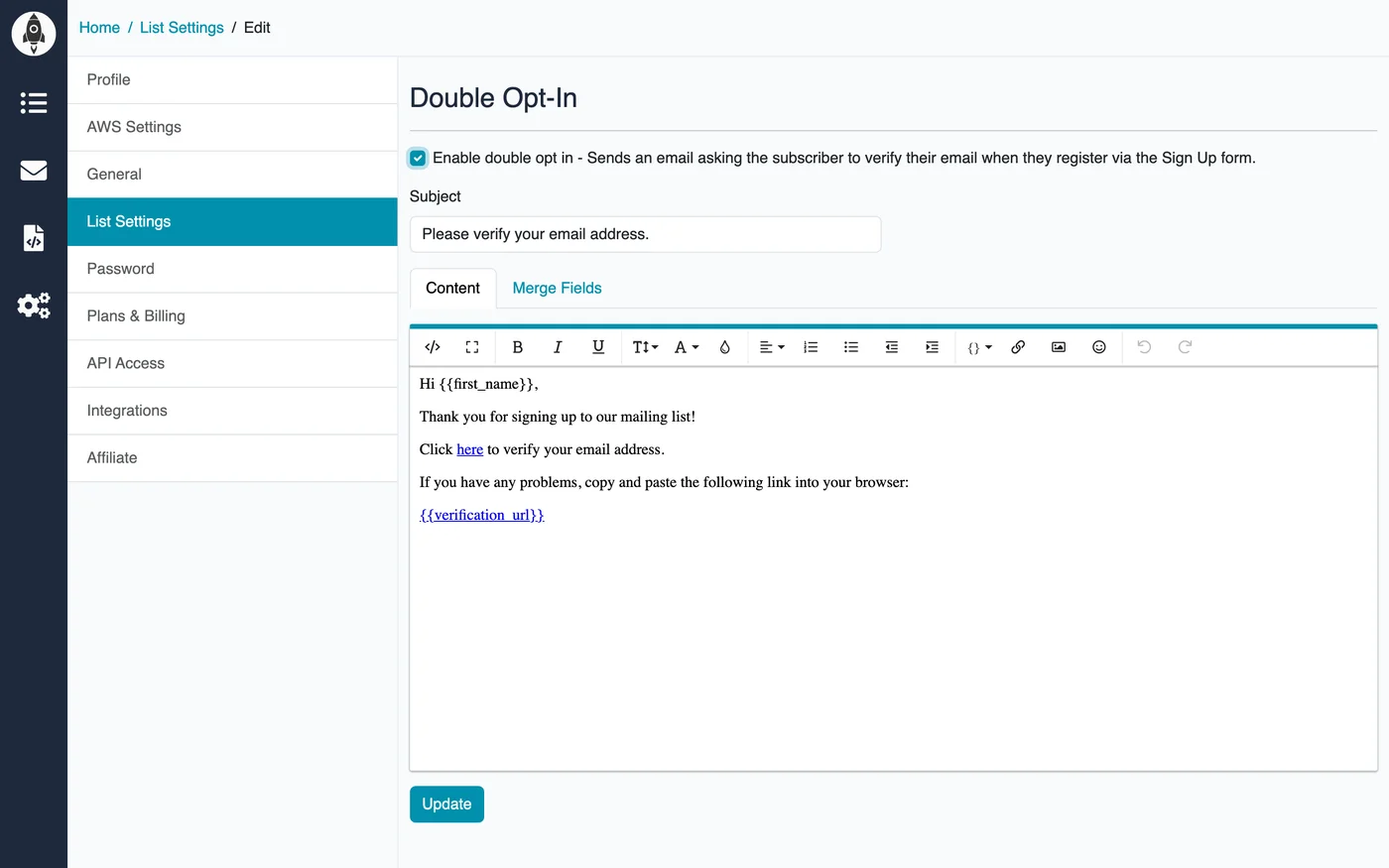 Double opt-in settings in Mailblast List Settings