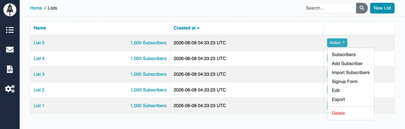 List Action menu with the Signup Form option highlighted