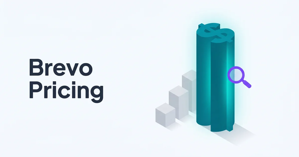 Isometric illustration of a teal dollar-sign pillar with rising tier-step indicators and a purple magnifying glass highlighting Brevo pricing transparency