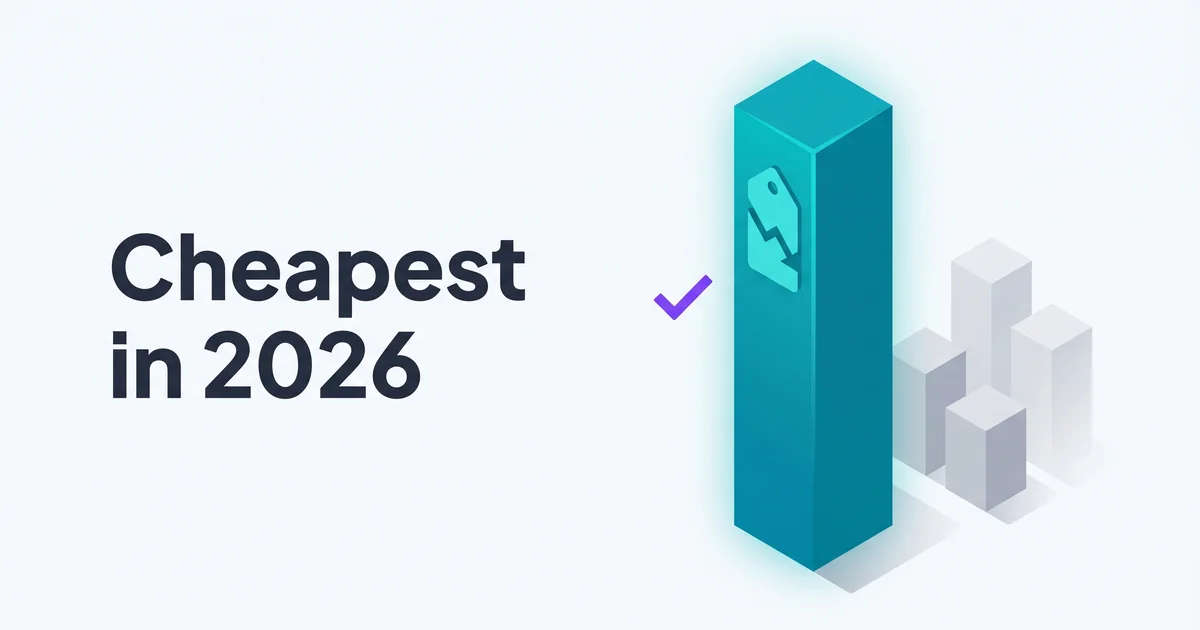 Isometric illustration of a tall teal pillar with a downward-trending price tag beside faded gray competitor pillars and a purple checkmark accent