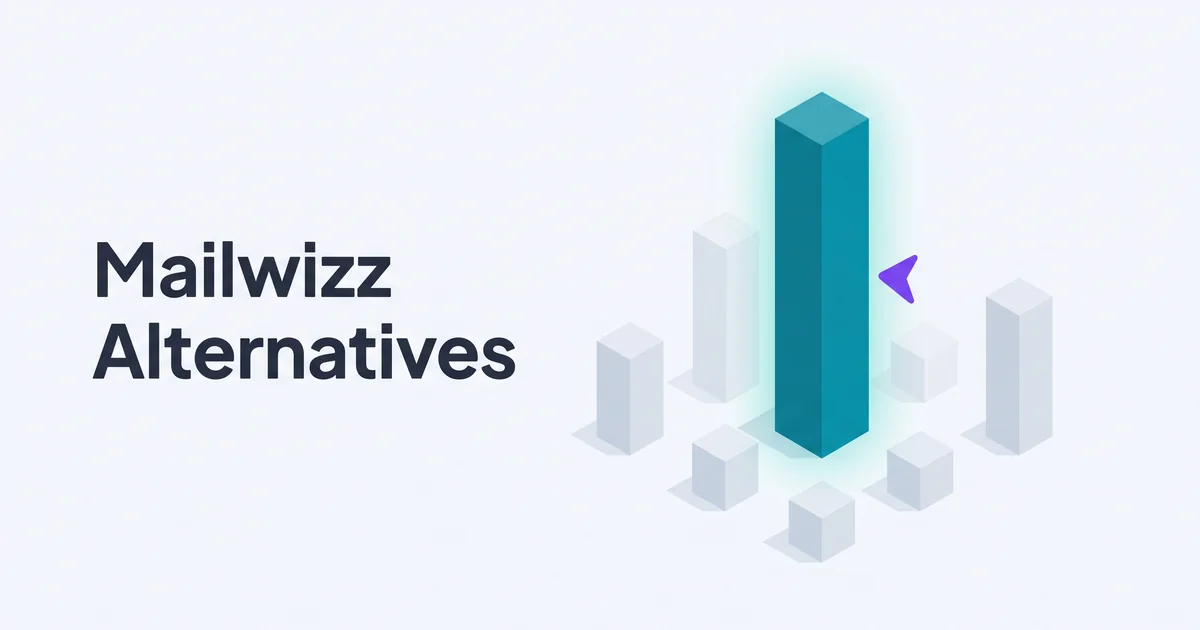 Isometric illustration of a tall teal pillar standing above smaller faded pillars with a purple arrow accent representing the recommended Mailwizz alternative