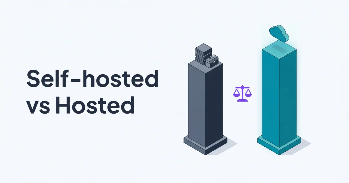 Isometric illustration of a slate self-hosted server pillar and a teal hosted cloud pillar with a purple balance-scale between them