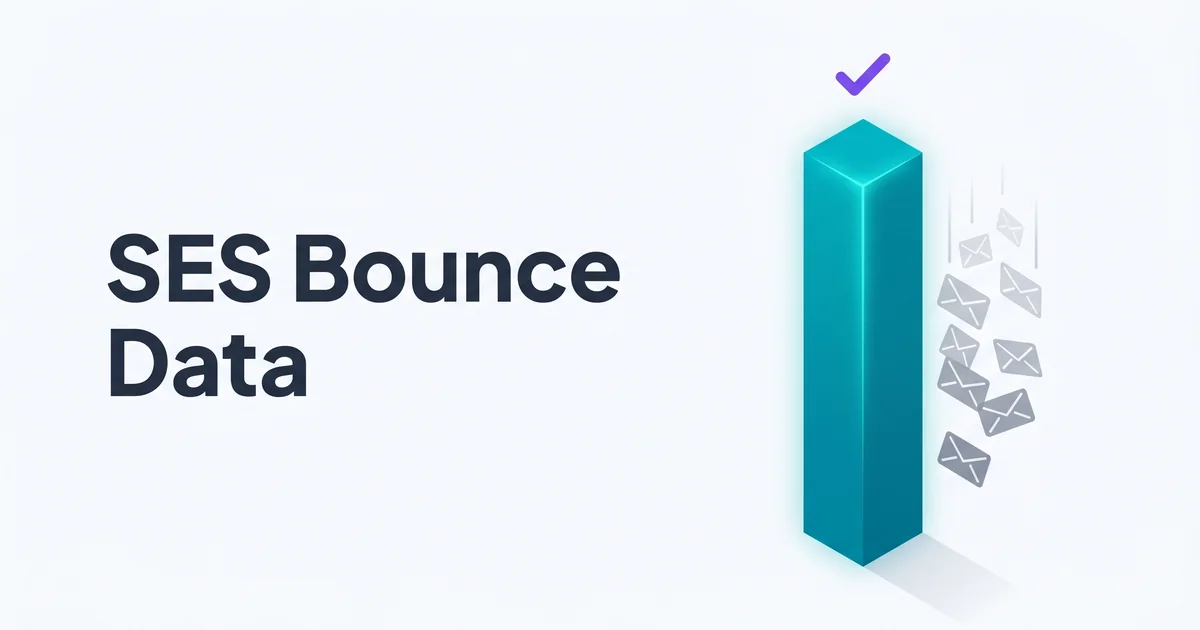 Isometric illustration of a tall teal vertical bar representing a healthy low bounce rate beside faded grey rejection envelopes with a single purple checkmark accent above the bar and the headline SES Bounce Data