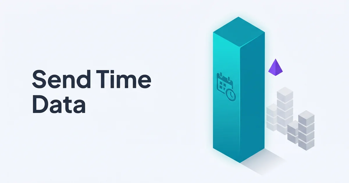 Isometric illustration of a tall teal calendar-clock pillar with smaller gray time-slot markers and a single purple peak-indicator accent and the headline Send Time Data
