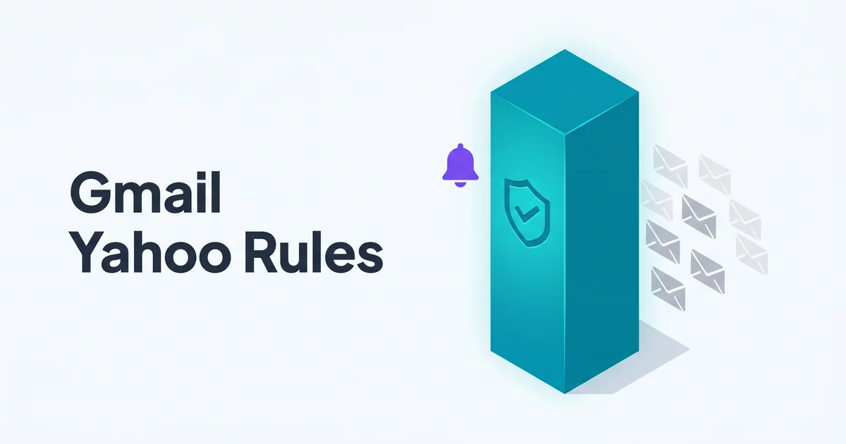 Isometric illustration of a tall teal compliance-shield pillar with checkmark icons next to faded gray rejected-envelope icons with a single purple alert accent and the headline Gmail Yahoo Rules