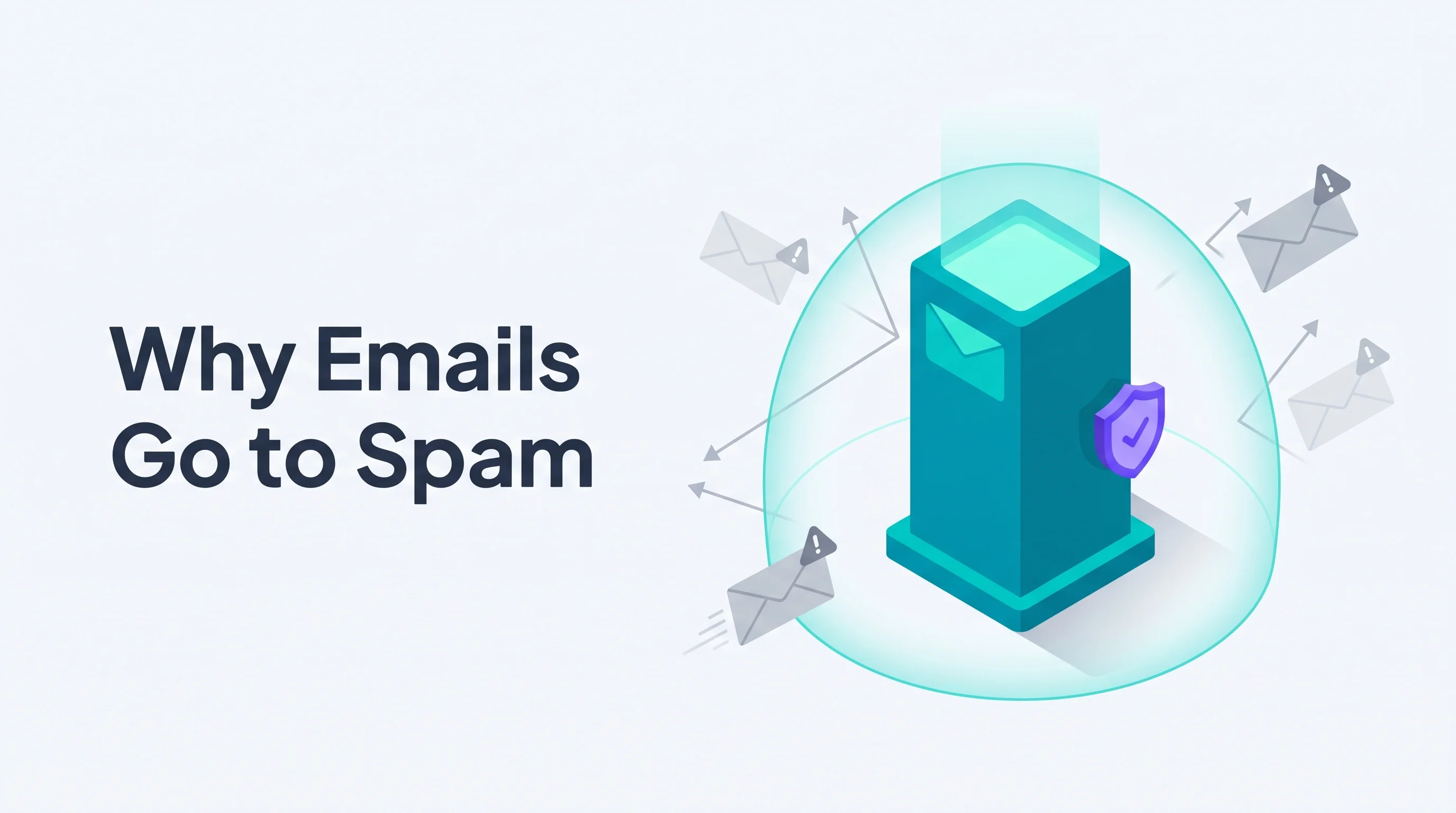 Isometric illustration of a teal inbox tower with a glowing force field repelling gray envelopes marked with warning icons, with a purple spam shield badge and the headline Why Emails Go to Spam