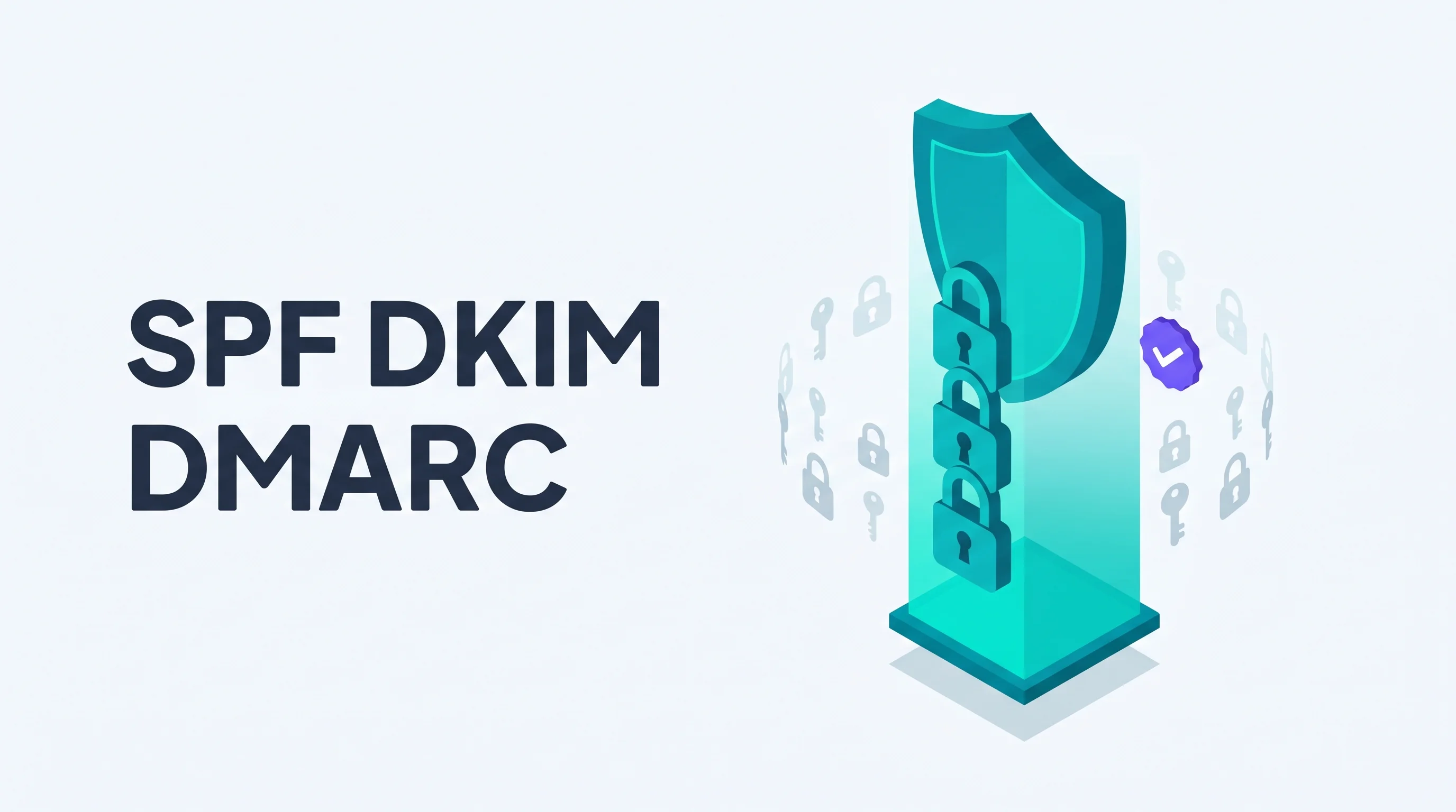 Isometric illustration of a tall teal shield tower with stacked padlocks representing SPF DKIM DMARC layers, with a purple checkmark badge and the headline SPF DKIM DMARC