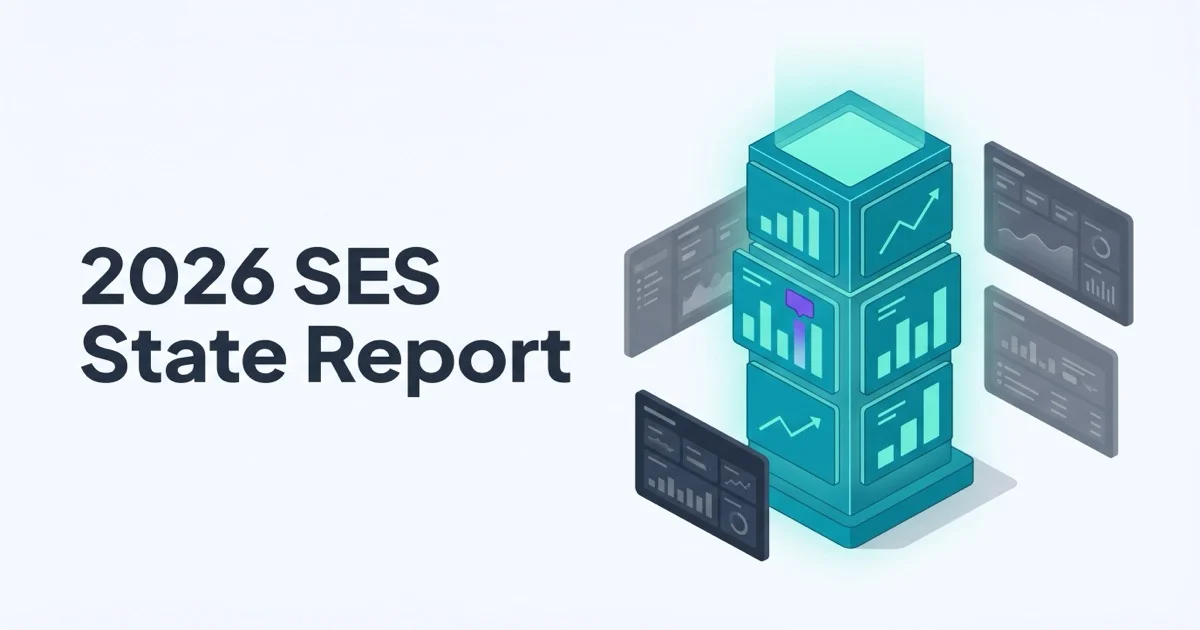 Isometric illustration of a tall teal data dashboard tower with bar charts and a single purple data point accent with the headline 2026 SES State Report