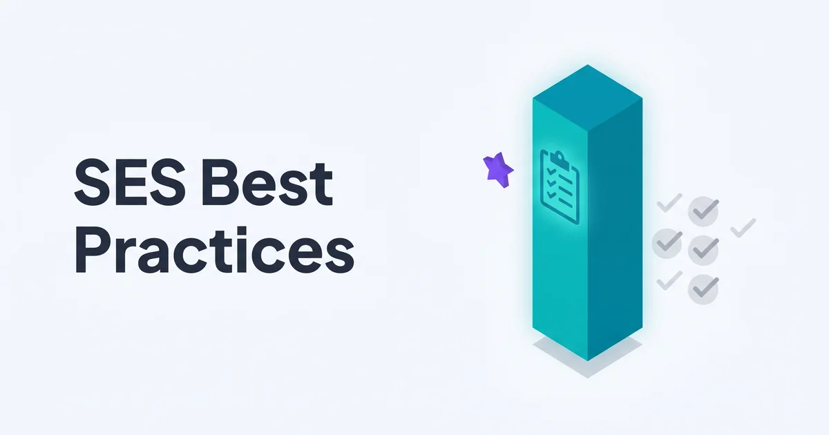 Isometric illustration of a teal pillar with a checklist icon and faded gray checkmarks representing SES best practices.
