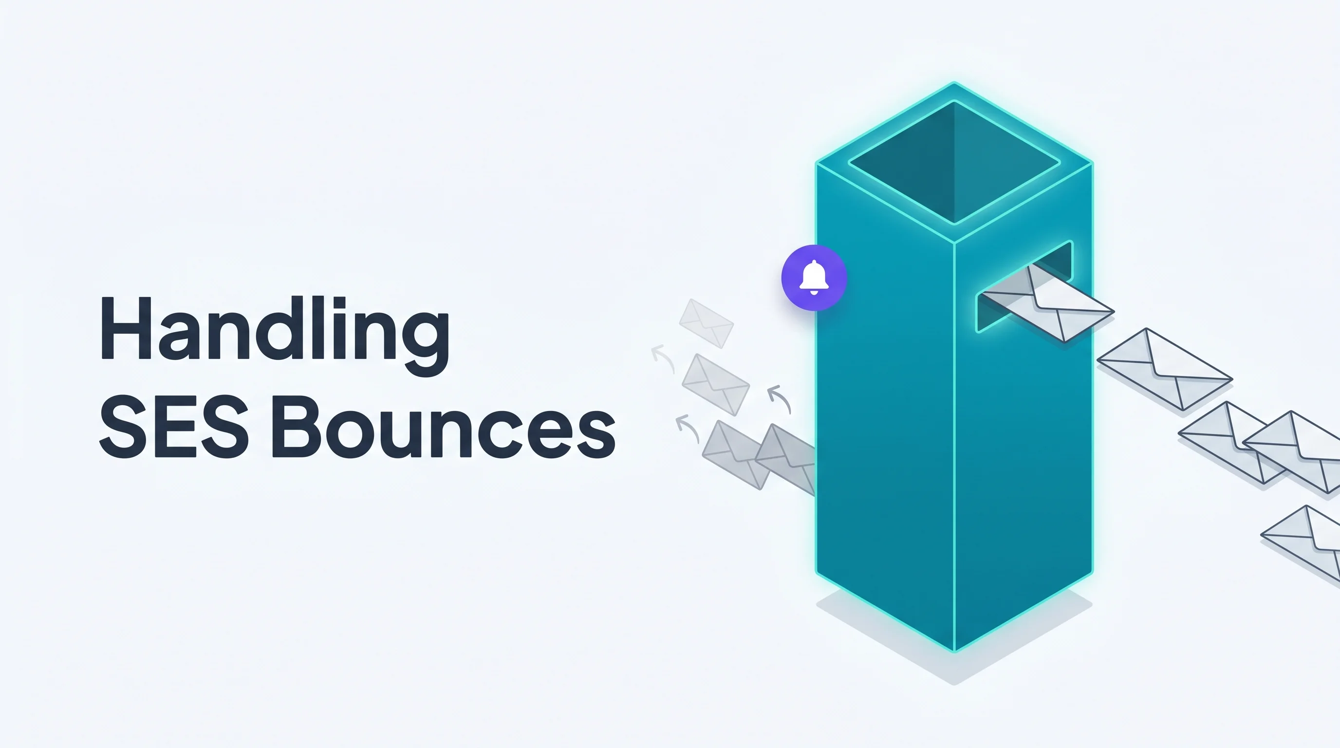 Isometric illustration of a tall teal inbox tower receiving envelopes while a faded cluster of smaller envelopes tumble backward marked with return arrows, with a small purple notification bell accent