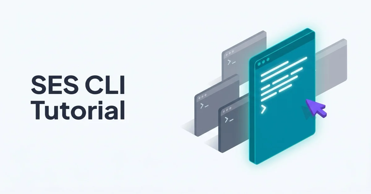 Isometric illustration of a tall teal terminal window with a glowing chevron cursor next to faded smaller gray terminal windows and a single purple arrow cursor accent with the headline SES CLI Tutorial