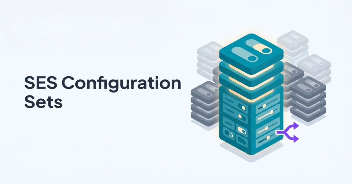 Isometric illustration of a tall teal layered configuration toggle stack beside faded gray duplicate stacks and a purple branching-arrow accent, captioned SES Configuration Sets.