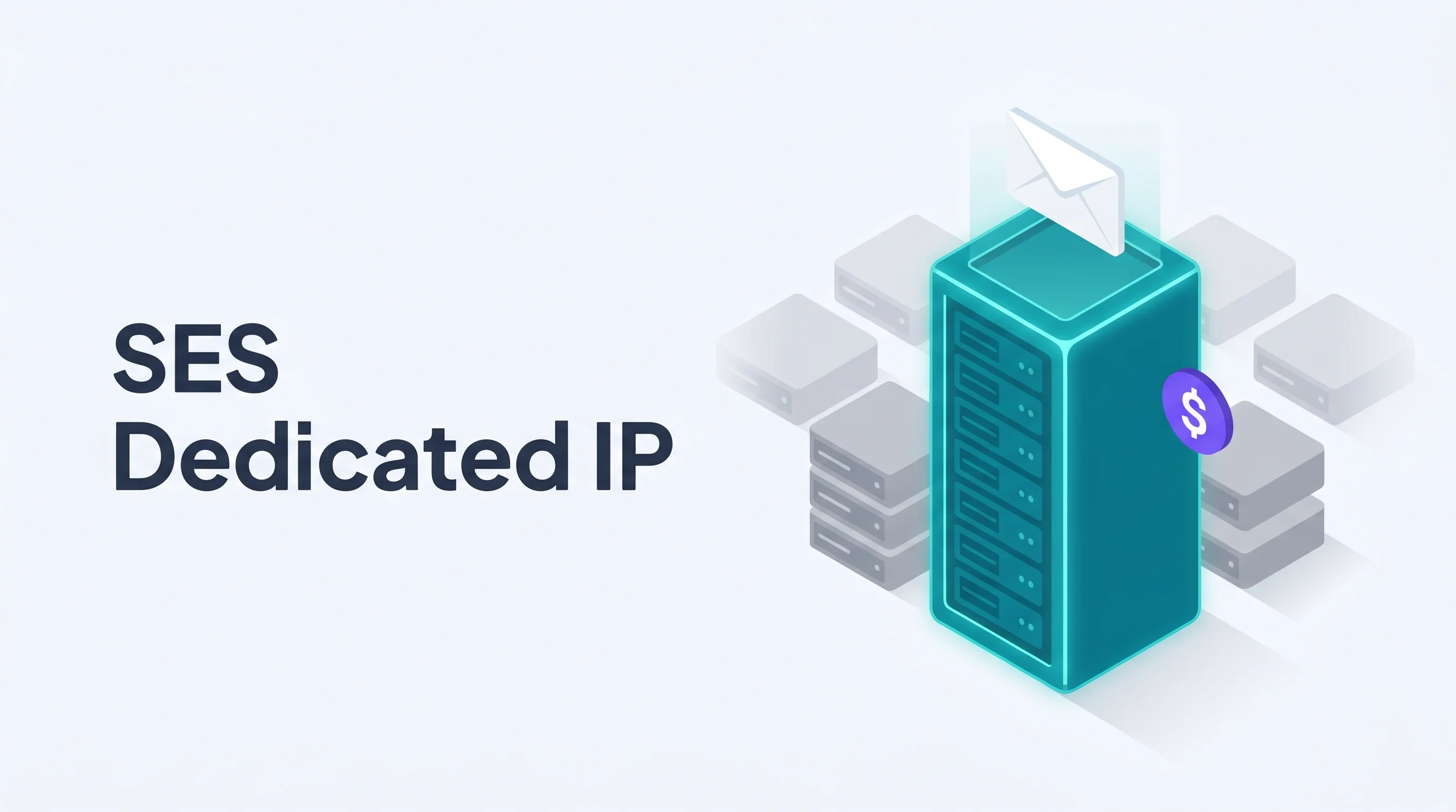 Isometric illustration of a tall teal server rack with a single envelope launching upward, surrounded by a faded cluster of smaller shared servers, with a small purple dollar-sign accent