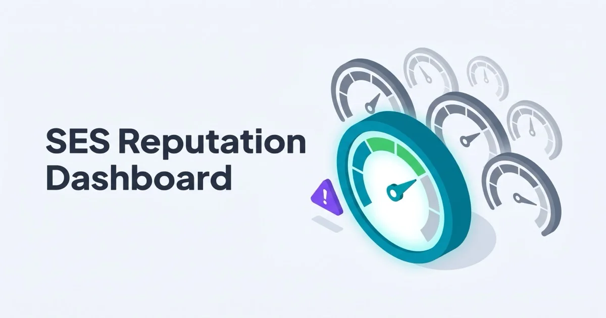 Isometric illustration of a tall teal glowing circular gauge dial pointing to safe with smaller faded gray gauges behind and a single purple warning marker accent with the headline SES Reputation Dashboard