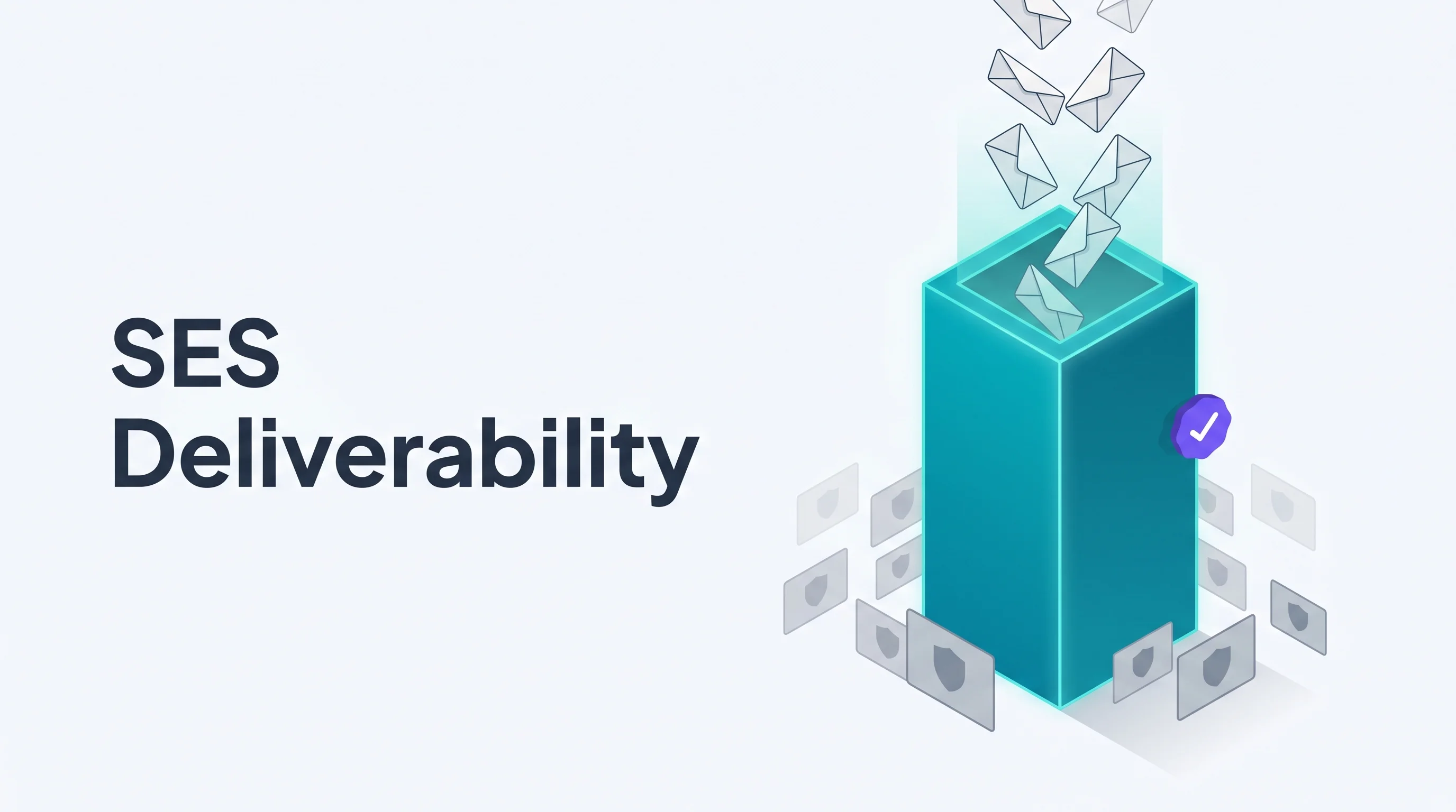 Isometric illustration of a tall teal inbox tower receiving a clean stream of envelopes, surrounded by faded spam-filter shapes, with a small purple checkmark accent