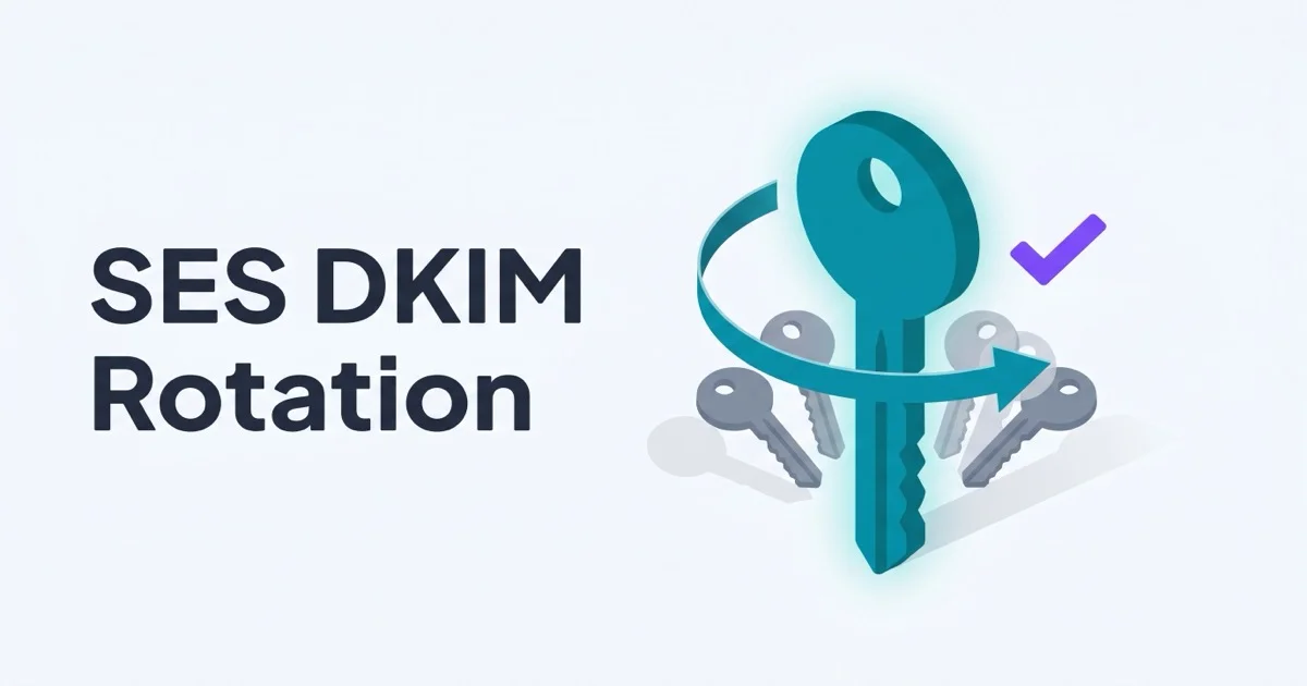 Isometric illustration of a tall teal circular key with a rotating arrow next to faded smaller gray keys and a single purple checkmark accent with the headline SES DKIM Rotation