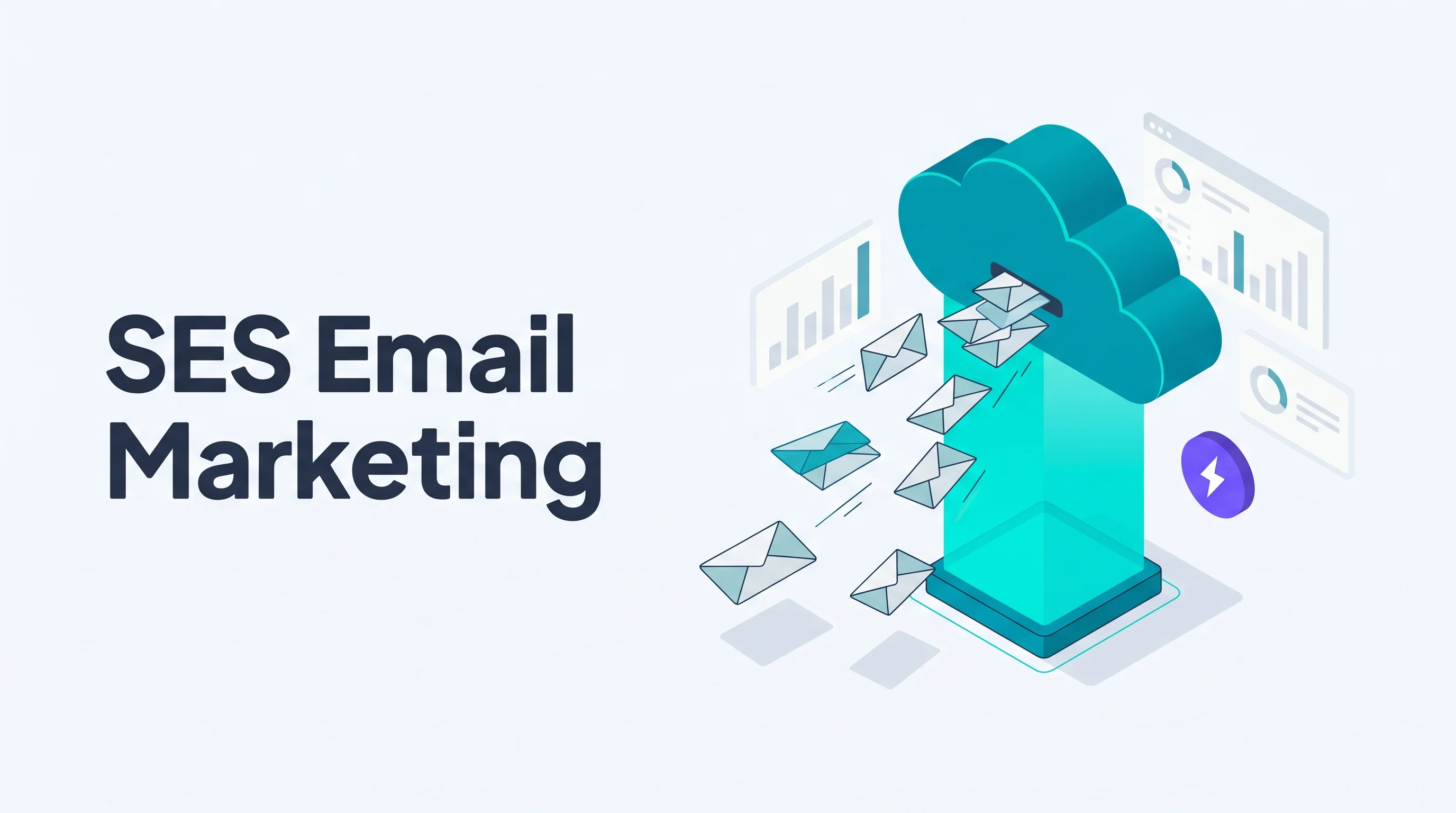 Isometric illustration of a tall teal cloud tower with paper envelopes launching outward and analytics dashboard shapes, with a purple lightning badge and the headline SES Email Marketing