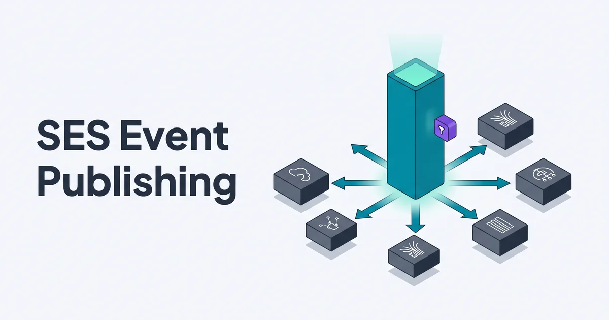 Isometric illustration of a teal SES pillar fanning event arrows out to slate destination boxes with a small purple filter accent.