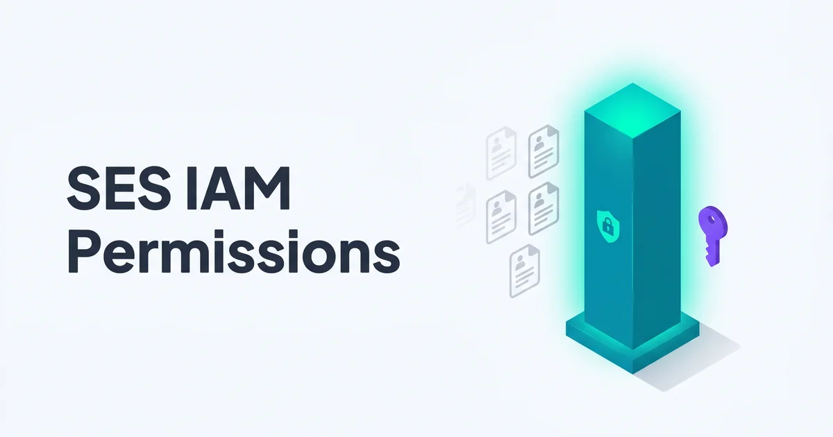 Isometric illustration of a teal vault with a shield lock, a faded stack of IAM policy documents, and a single purple key floating beside it.