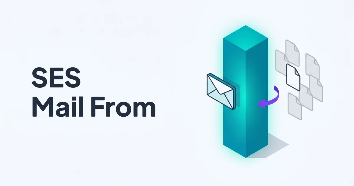 Isometric illustration of an outgoing envelope leaving a teal pillar with DNS zone-file icons aligning beside it