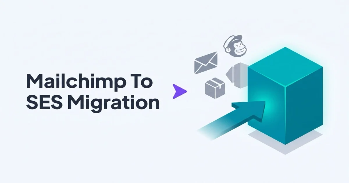 Isometric illustration of a tall teal AWS SES cube receiving an inbound arrow from a faded gray legacy email-app cluster on the left, with a small purple forward-arrow accent showing the migration direction.