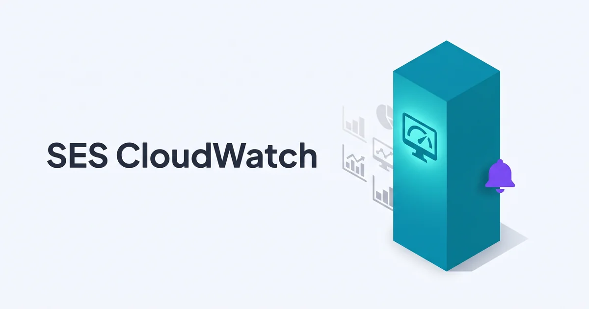 Isometric teal pillar with a monitor-gauge face beside faded chart icons and a purple alarm bell, captioned SES CloudWatch.
