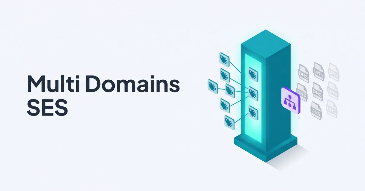 Isometric illustration of a tall teal pillar with multiple domain-tag icons radiating outward beside faded gray DNS-record icons and a single purple branching accent and the headline Multi Domains SES