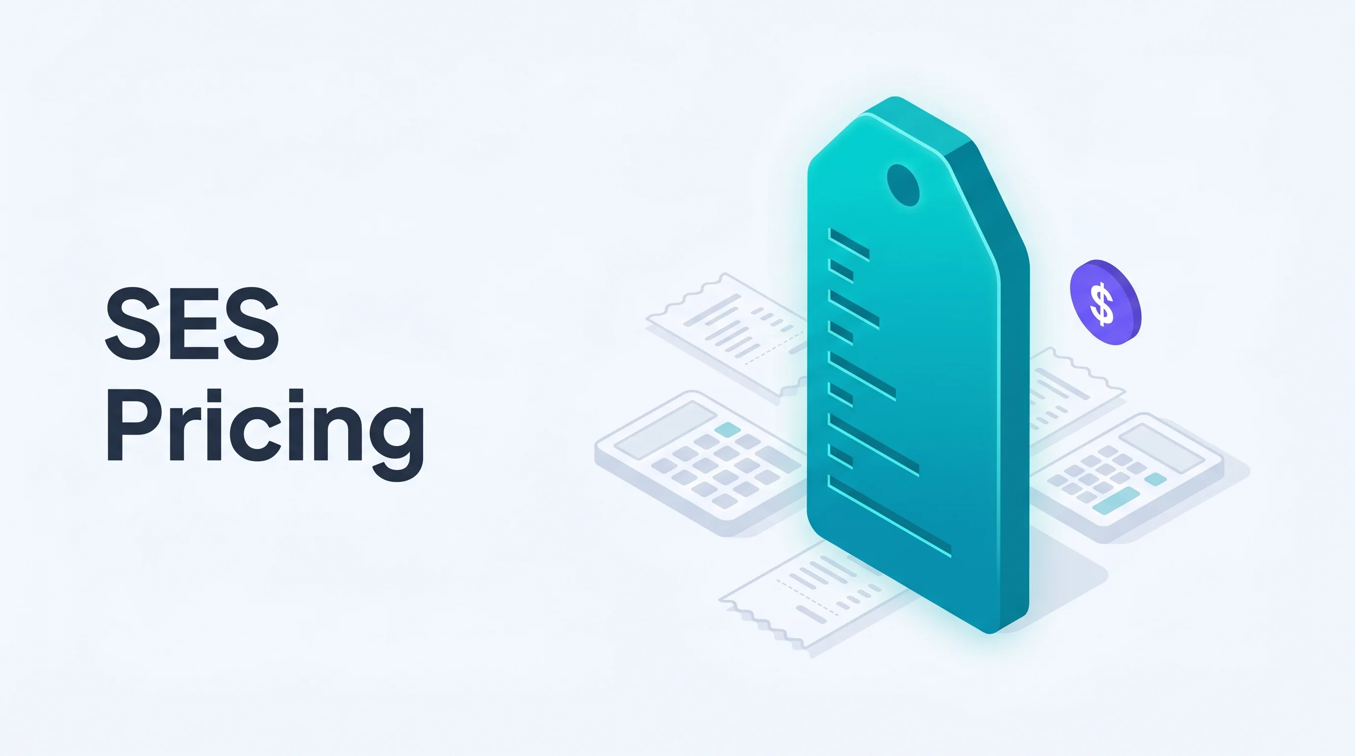 Isometric illustration of a tall teal price tag with billing tier notches surrounded by faded calculators and receipts, with a purple dollar badge and the headline SES Pricing