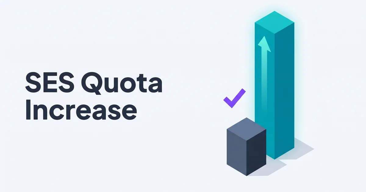Isometric illustration of a tall teal pillar rising with an upward arrow next to faded smaller gray pillars and a single purple checkmark accent with the headline SES Quota Increase