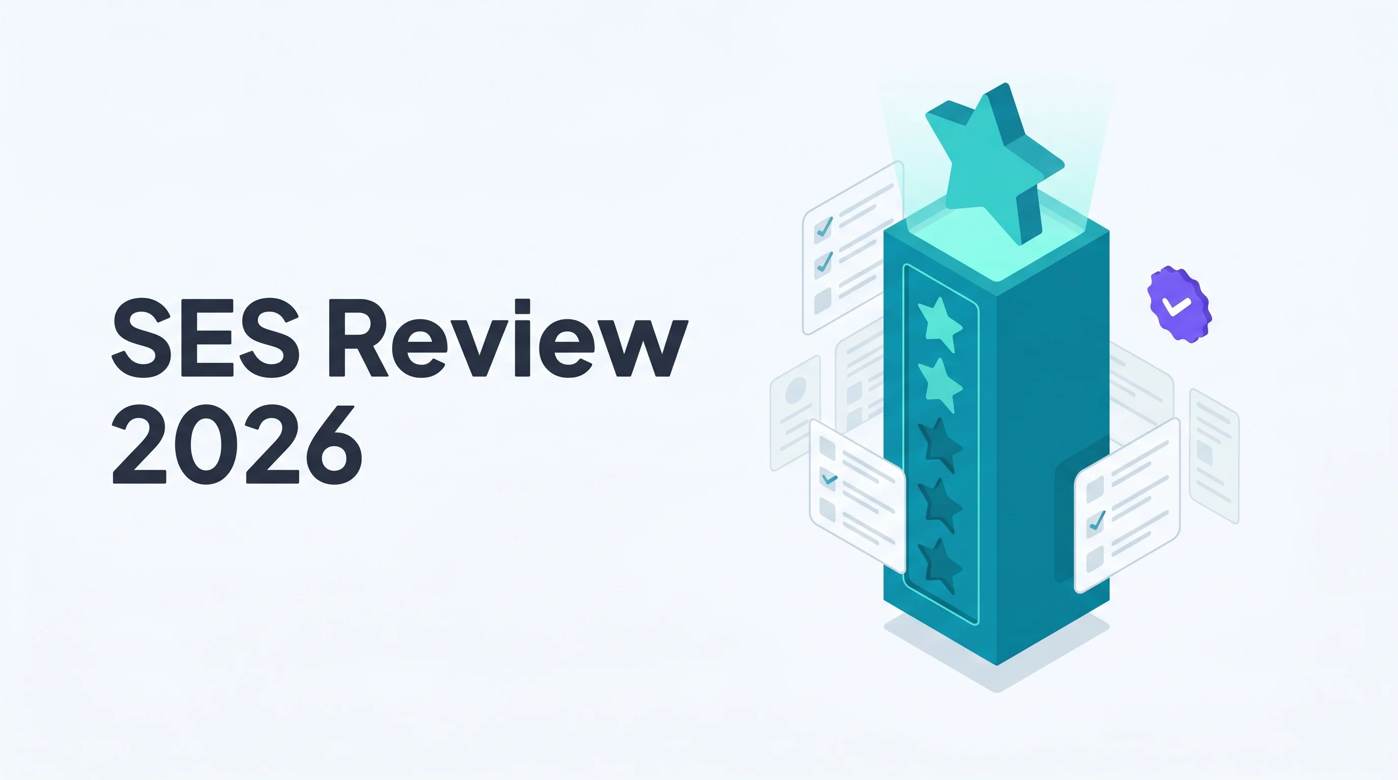 Isometric illustration of a tall teal star-topped review tower with five-star ratings on its face and faded checklist cards, with a purple verified badge and the headline SES Review 2026