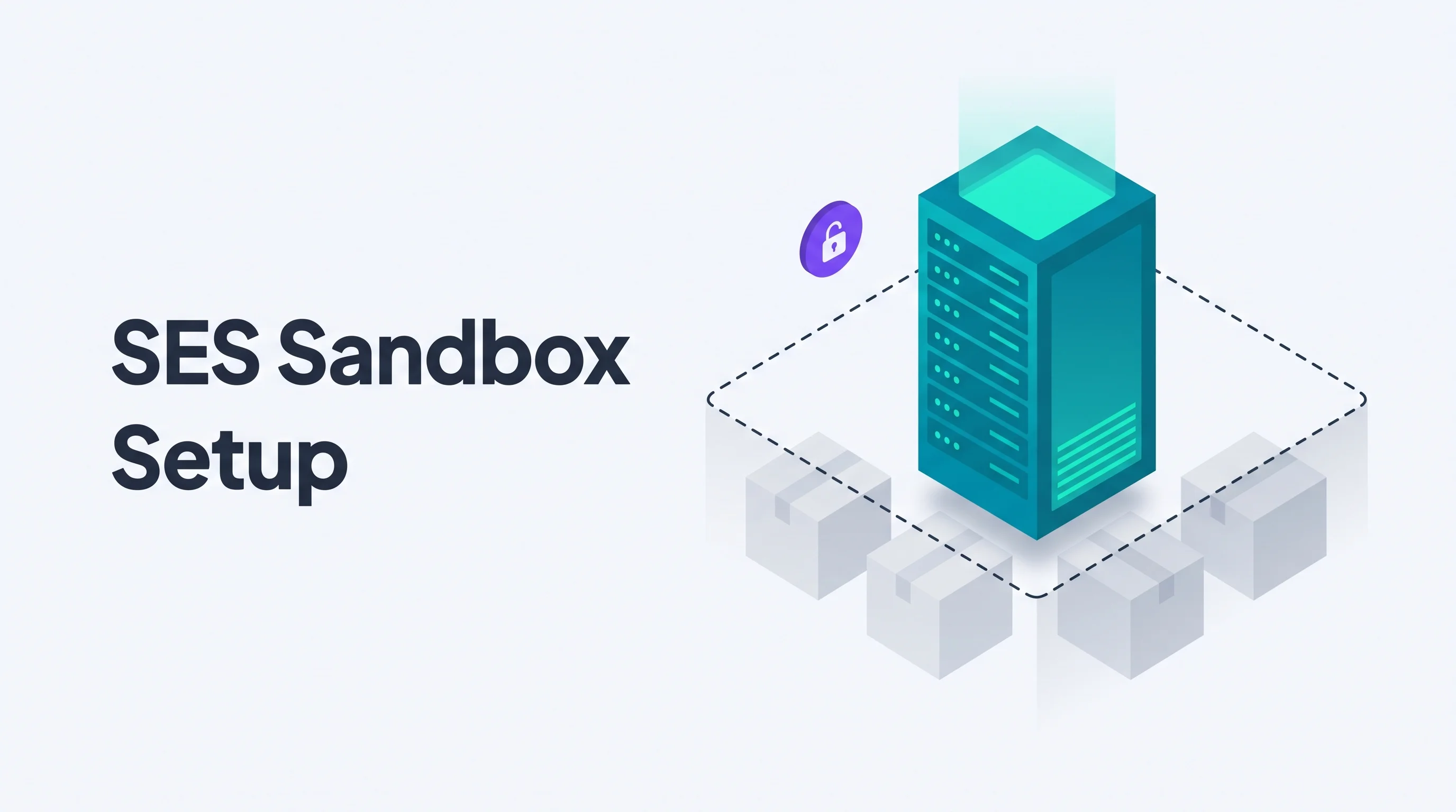 Isometric illustration of a tall teal server tower breaking free from a dashed sandbox boundary with faded gray restricted boxes below, with a purple unlock badge and the headline SES Sandbox Setup