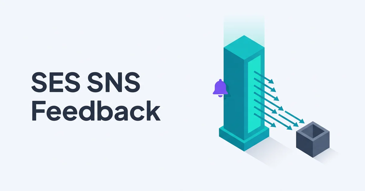 Isometric illustration of a teal SES pillar emitting event arrows into a slate gray SNS queue with a purple notification bell accent