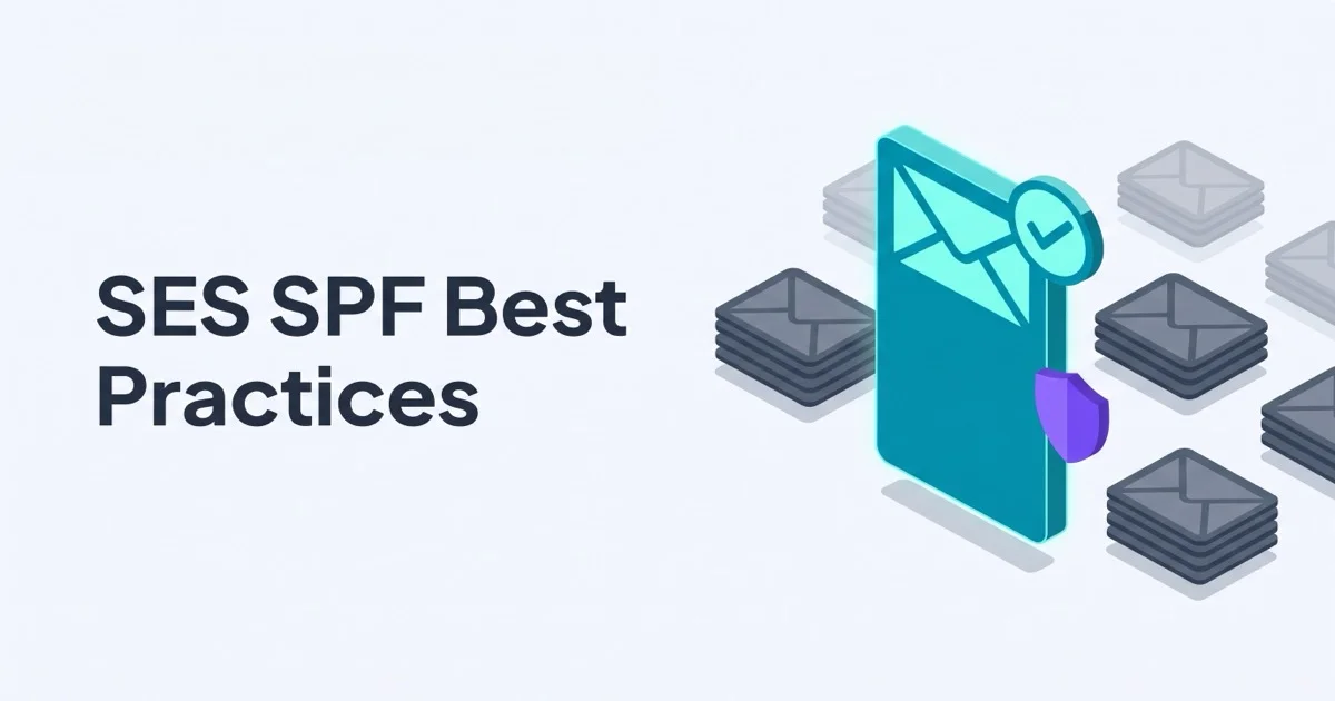 Isometric illustration of a tall teal DNS record envelope with checkmark in the foreground, faded smaller gray DNS records behind, and a single purple shield accent with the headline SES SPF Best Practices