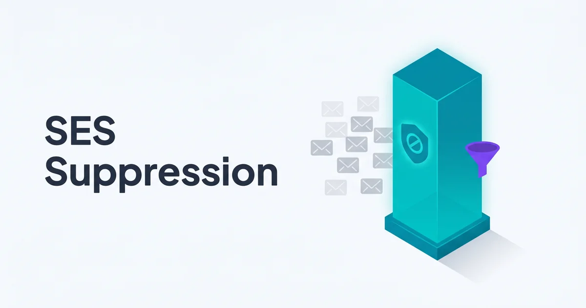 Isometric illustration of a teal pillar with a shield protecting against a cluster of suppressed email envelopes, with a purple filter funnel accent.