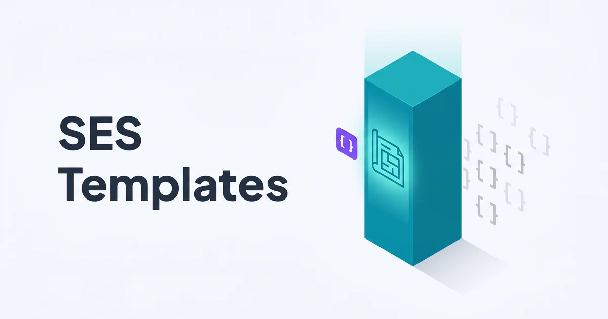 Isometric illustration of a teal pillar with a blueprint icon next to faded placeholder brackets, with a purple merge-tag accent