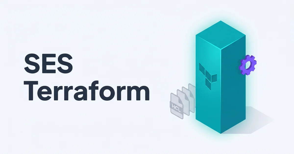 Isometric illustration of a teal Terraform pillar with HCL file icons and a purple automation gear, representing Amazon SES infrastructure as code