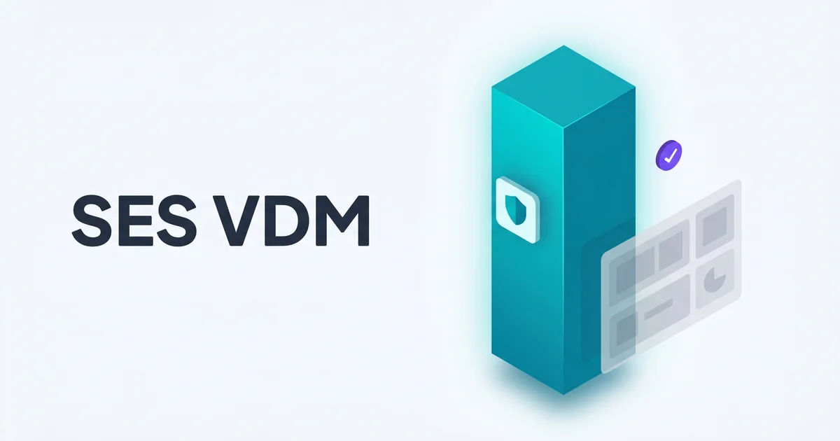Isometric illustration of a tall teal pillar with a shield icon beside faded gray dashboard tiles and a purple checkmark accent